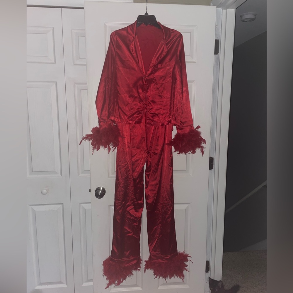 Women's Red Satin 2 piece pajama set.